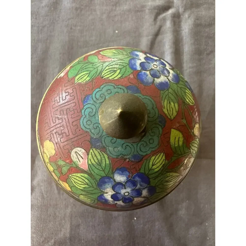 Vintage Chinese Cloisonné Enamel Ginger Jar Flowers  8” rust blue turquoise